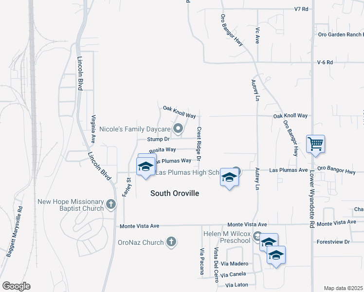 map of restaurants, bars, coffee shops, grocery stores, and more near 42 Rosita Way in Oroville