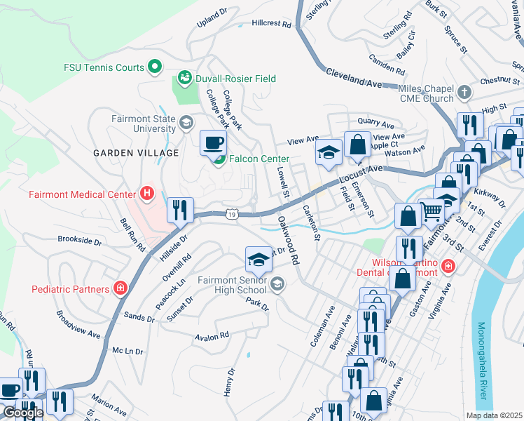 map of restaurants, bars, coffee shops, grocery stores, and more near in Fairmont