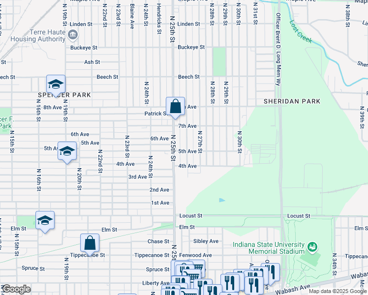 map of restaurants, bars, coffee shops, grocery stores, and more near 1402 North 26th Street in Terre Haute