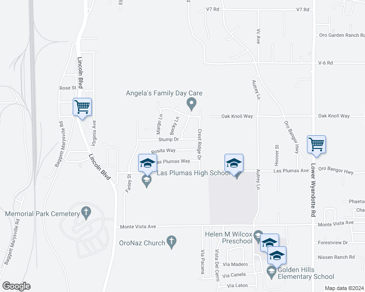 map of restaurants, bars, coffee shops, grocery stores, and more near 42 Rosita Way in Oroville