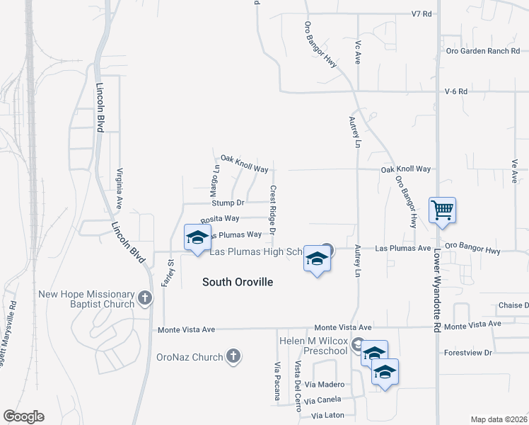 map of restaurants, bars, coffee shops, grocery stores, and more near 50 Rosita Way in Oroville