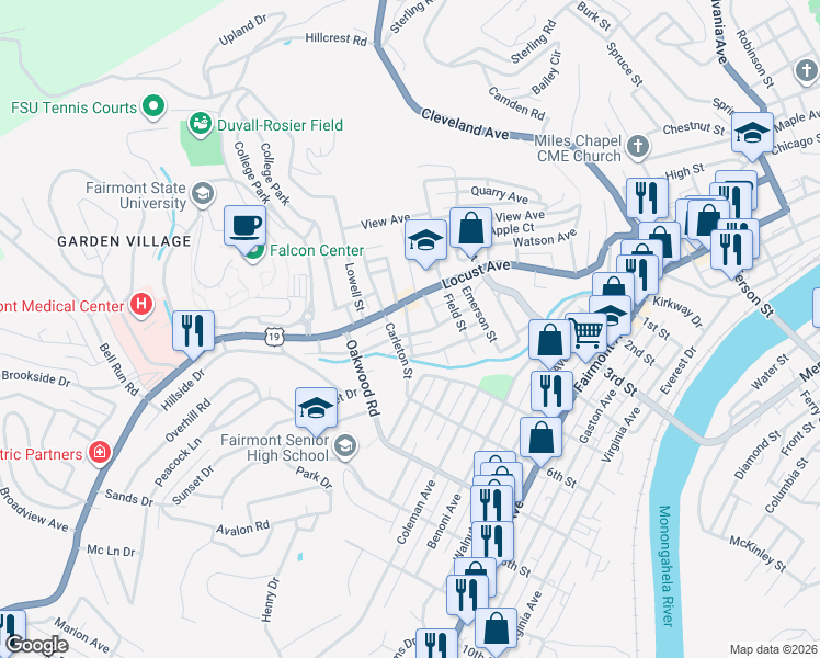 map of restaurants, bars, coffee shops, grocery stores, and more near 711 Ridgely Avenue in Fairmont