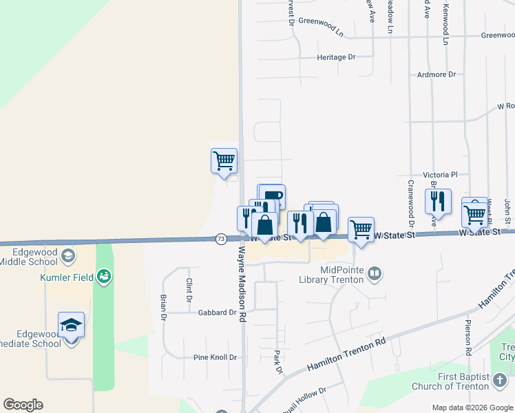 map of restaurants, bars, coffee shops, grocery stores, and more near 910 West State Street in Trenton