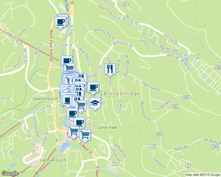 map of restaurants, bars, coffee shops, grocery stores, and more near 200 North Gold Flake Terrace in Breckenridge