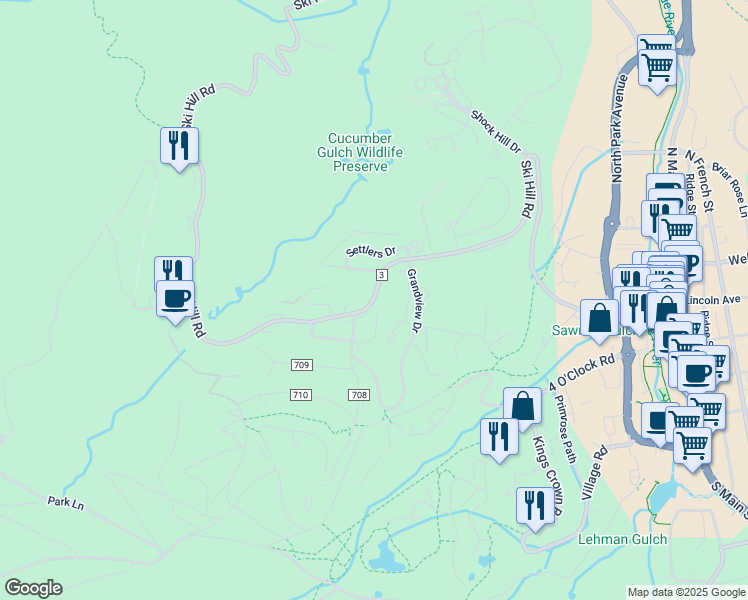 map of restaurants, bars, coffee shops, grocery stores, and more near 117 County Road 3 in Breckenridge