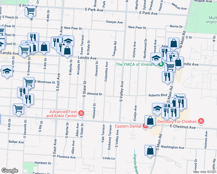 map of restaurants, bars, coffee shops, grocery stores, and more near 48 Deshibe Terrace in Vineland