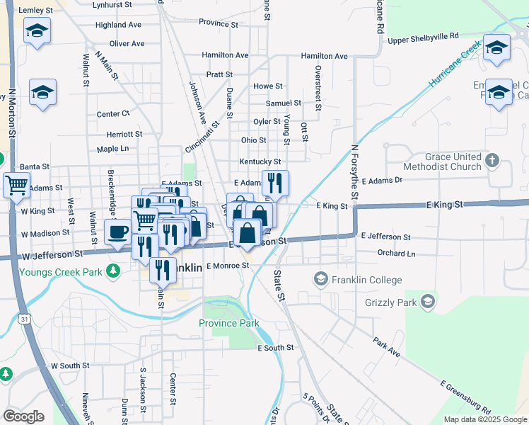 map of restaurants, bars, coffee shops, grocery stores, and more near 475 East Madison Street in Franklin