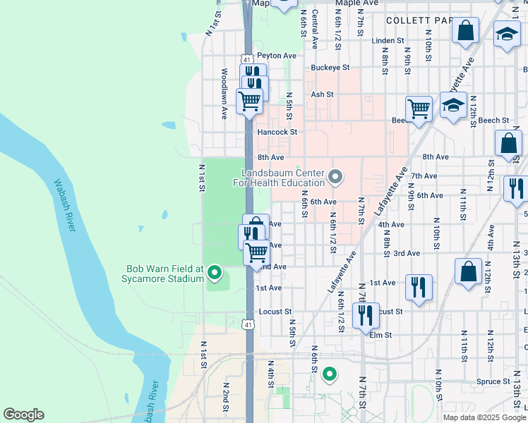 map of restaurants, bars, coffee shops, grocery stores, and more near 1330 North 4th Street in Terre Haute