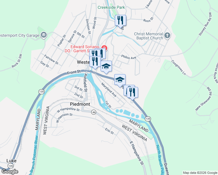 map of restaurants, bars, coffee shops, grocery stores, and more near 103 1st Street in Westernport