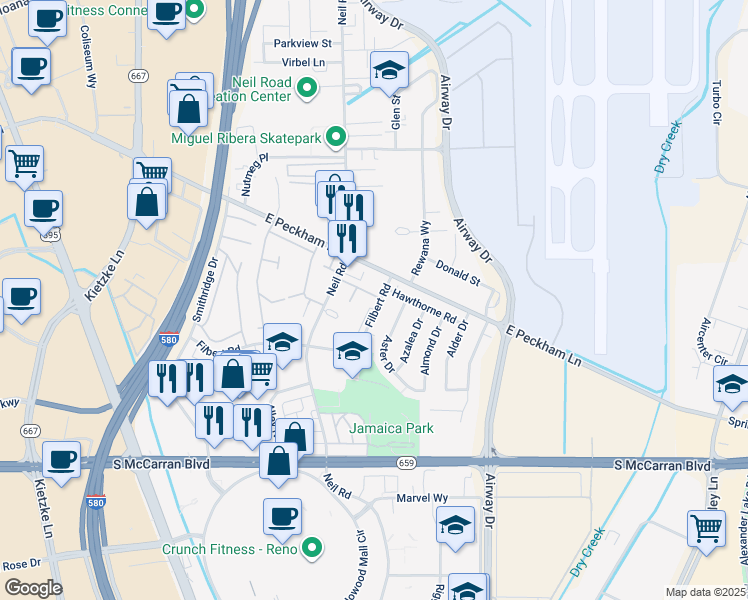 map of restaurants, bars, coffee shops, grocery stores, and more near 4600 Neil Road in Reno