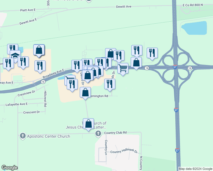 map of restaurants, bars, coffee shops, grocery stores, and more near 121 Swords Drive in Mattoon