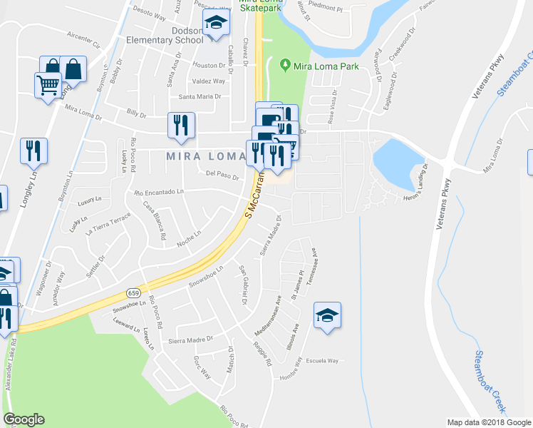 map of restaurants, bars, coffee shops, grocery stores, and more near 4650 Sierra Madre Drive in Reno