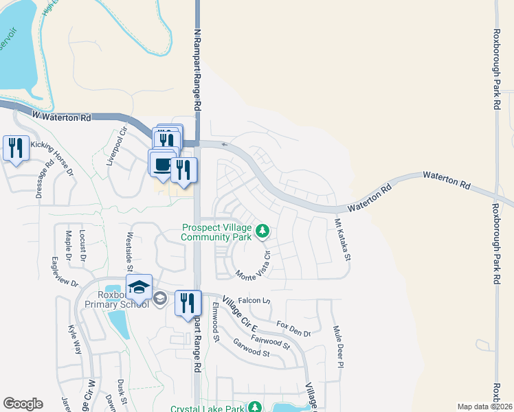 map of restaurants, bars, coffee shops, grocery stores, and more near 8351 N Rampart Range Rd in Littleton