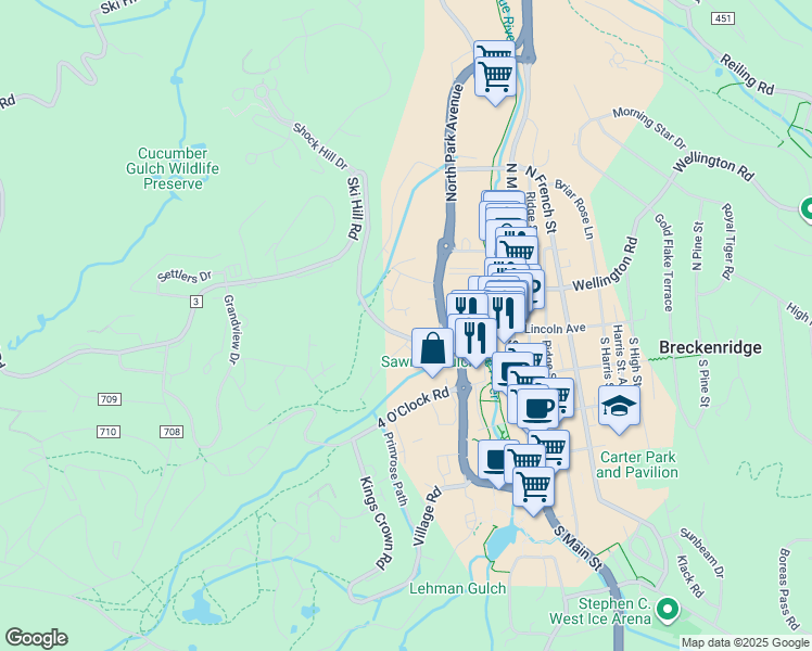 map of restaurants, bars, coffee shops, grocery stores, and more near 89 Mountain Thunder Drive in Breckenridge