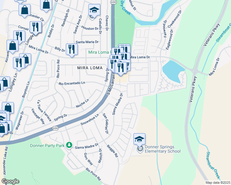 map of restaurants, bars, coffee shops, grocery stores, and more near 4650 Sierra Madre Drive in Reno