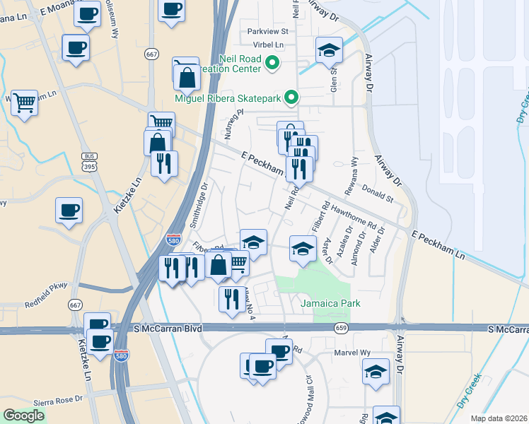 map of restaurants, bars, coffee shops, grocery stores, and more near 96 Smithridge Park in Reno