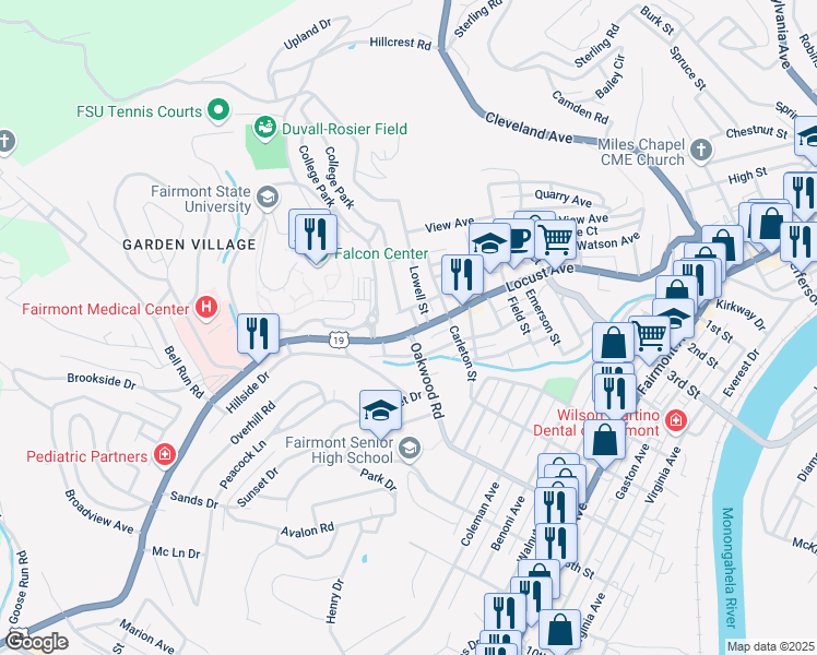 map of restaurants, bars, coffee shops, grocery stores, and more near 910 Short Avenue in Fairmont