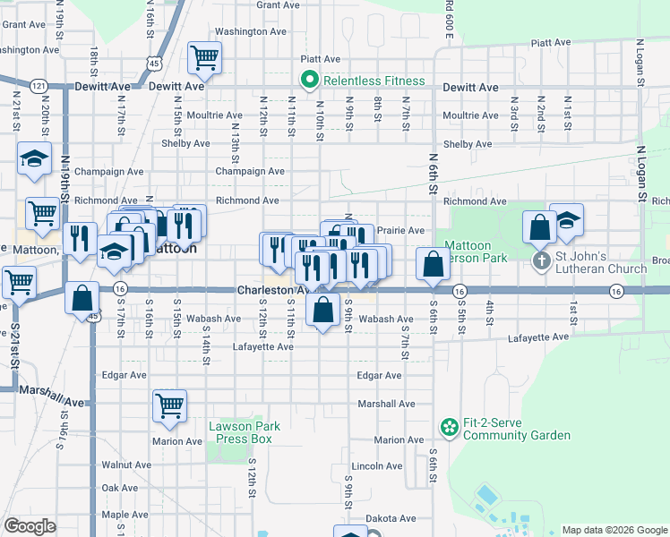 map of restaurants, bars, coffee shops, grocery stores, and more near 900-998 Broadway Ave E in Mattoon