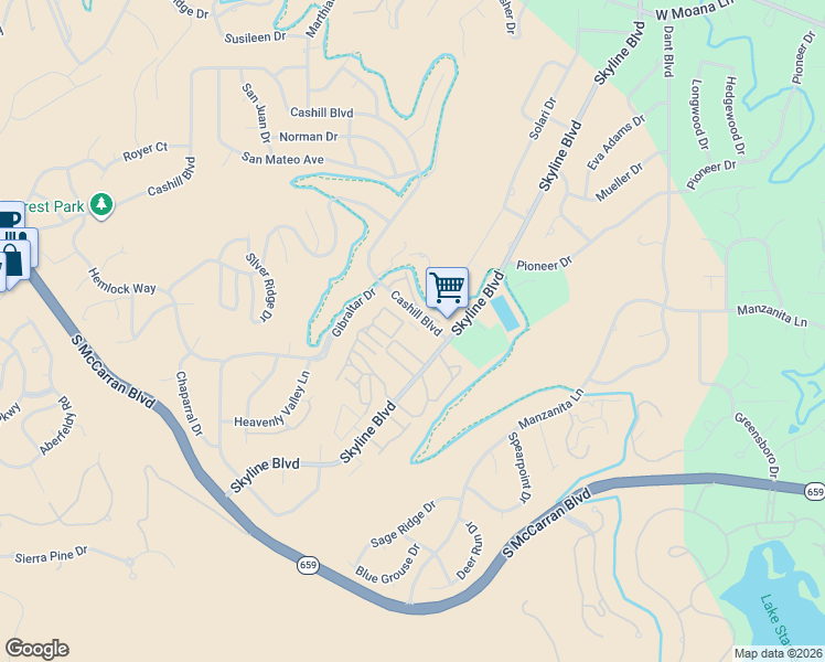 map of restaurants, bars, coffee shops, grocery stores, and more near 3091 Cashill Boulevard in Reno