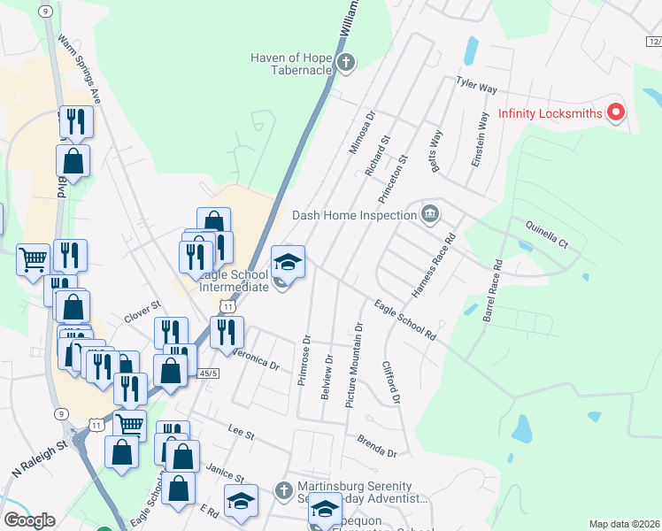 map of restaurants, bars, coffee shops, grocery stores, and more near 22 Richard Street in Martinsburg