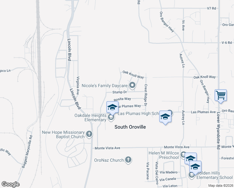 map of restaurants, bars, coffee shops, grocery stores, and more near 2227 Stump Drive in Oroville