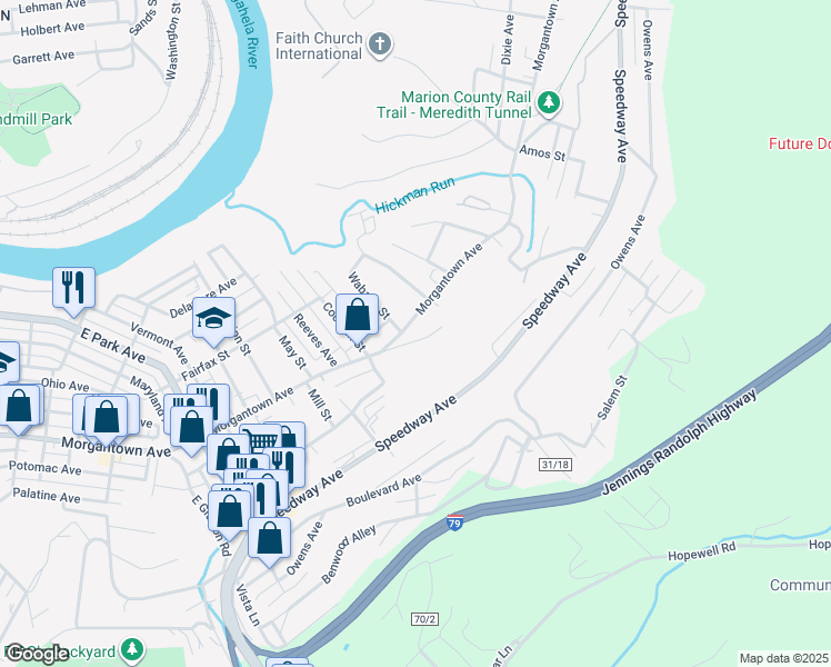 map of restaurants, bars, coffee shops, grocery stores, and more near 1512 Morgantown Avenue in Fairmont