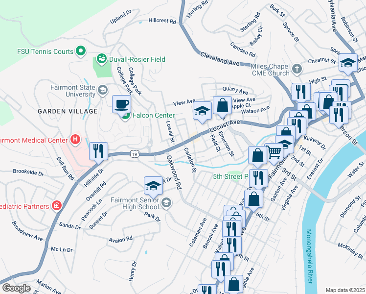 map of restaurants, bars, coffee shops, grocery stores, and more near 719 Locust Avenue in Fairmont