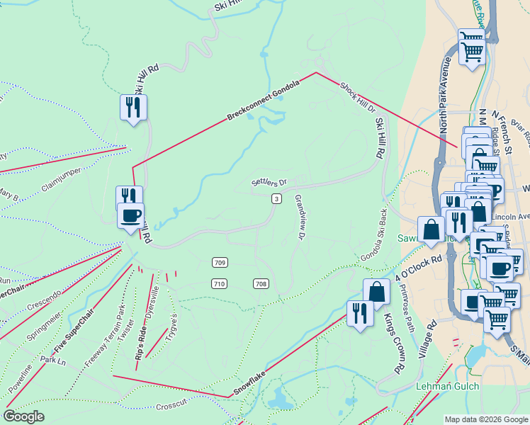 map of restaurants, bars, coffee shops, grocery stores, and more near 1080 County Road 3 in Breckenridge