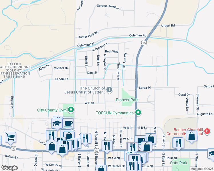 map of restaurants, bars, coffee shops, grocery stores, and more near 591 North Taylor Street in Fallon