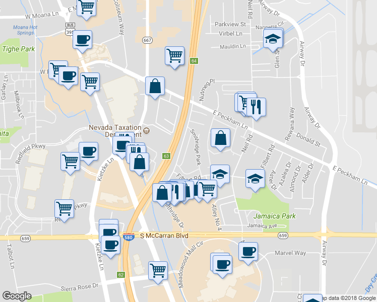 map of restaurants, bars, coffee shops, grocery stores, and more near 411 Smithridge Park in Reno