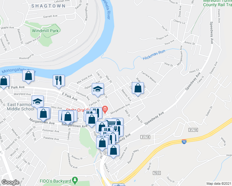 map of restaurants, bars, coffee shops, grocery stores, and more near 131 May Street in Fairmont