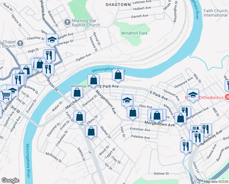 map of restaurants, bars, coffee shops, grocery stores, and more near 310 Maryland Avenue in Fairmont