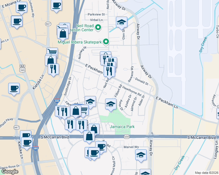 map of restaurants, bars, coffee shops, grocery stores, and more near 4608 Neil Road in Reno