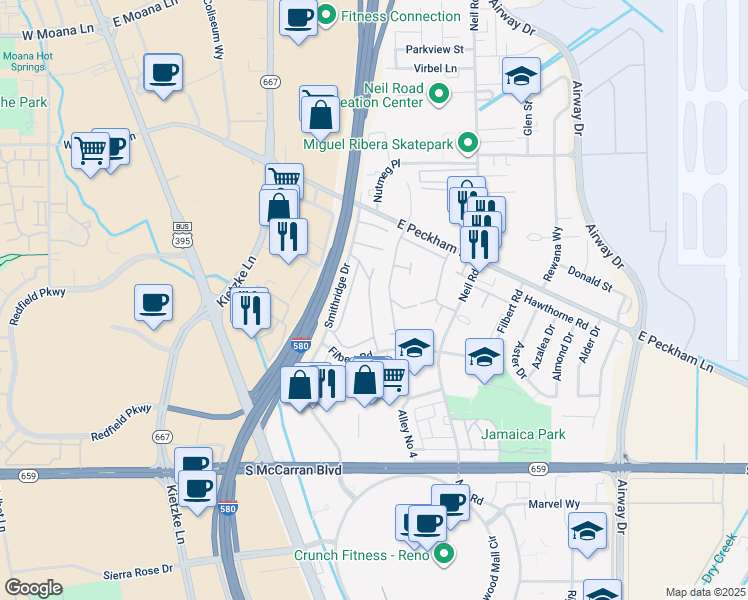 map of restaurants, bars, coffee shops, grocery stores, and more near 434 Smithridge Park in Reno