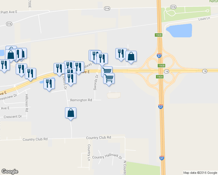 map of restaurants, bars, coffee shops, grocery stores, and more near Fort Worth Way in Mattoon