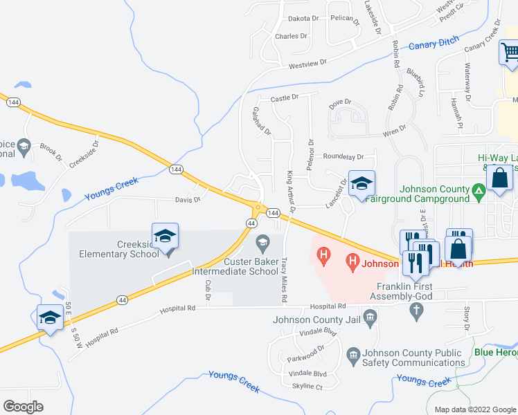 map of restaurants, bars, coffee shops, grocery stores, and more near Indiana 44 in Franklin