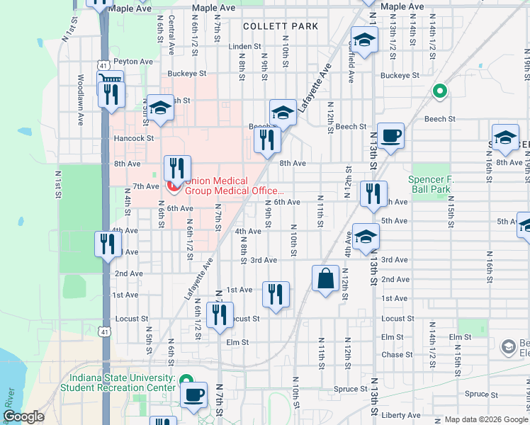 map of restaurants, bars, coffee shops, grocery stores, and more near 818 6th Avenue in Terre Haute