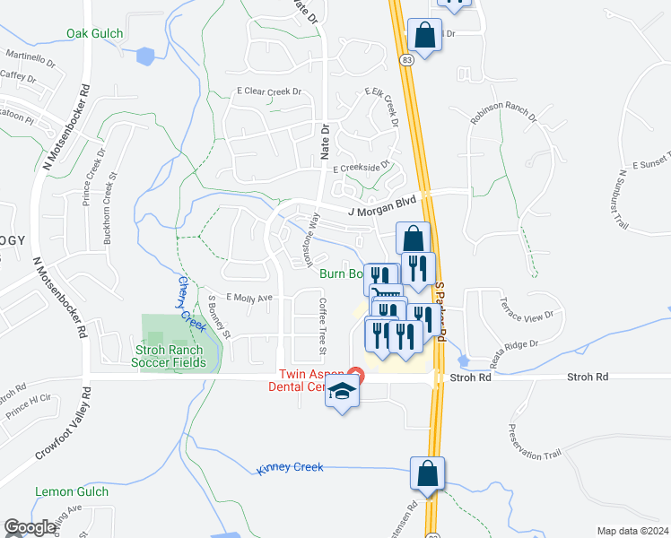 map of restaurants, bars, coffee shops, grocery stores, and more near 12886 Ironstone Way in Parker