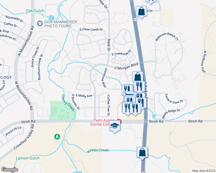 map of restaurants, bars, coffee shops, grocery stores, and more near 12886 Ironstone Way in Parker