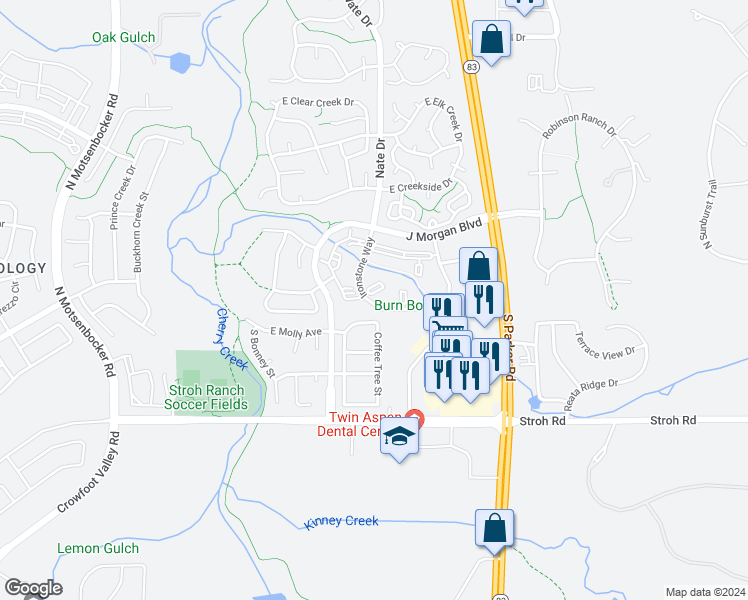 map of restaurants, bars, coffee shops, grocery stores, and more near 12886 Ironstone Way in Parker