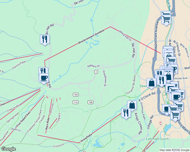 map of restaurants, bars, coffee shops, grocery stores, and more near 1080 County Road 3 in Breckenridge