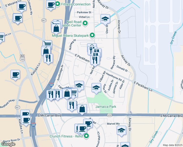 map of restaurants, bars, coffee shops, grocery stores, and more near 9 Smithridge Park in Reno