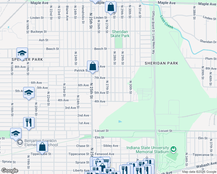 map of restaurants, bars, coffee shops, grocery stores, and more near 1403-1457 North 27th Street in Terre Haute