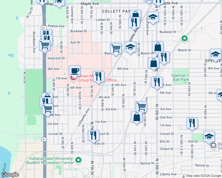 map of restaurants, bars, coffee shops, grocery stores, and more near 818 6th Avenue in Terre Haute