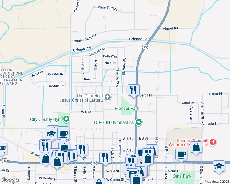 map of restaurants, bars, coffee shops, grocery stores, and more near 545 Timothy Way in Fallon