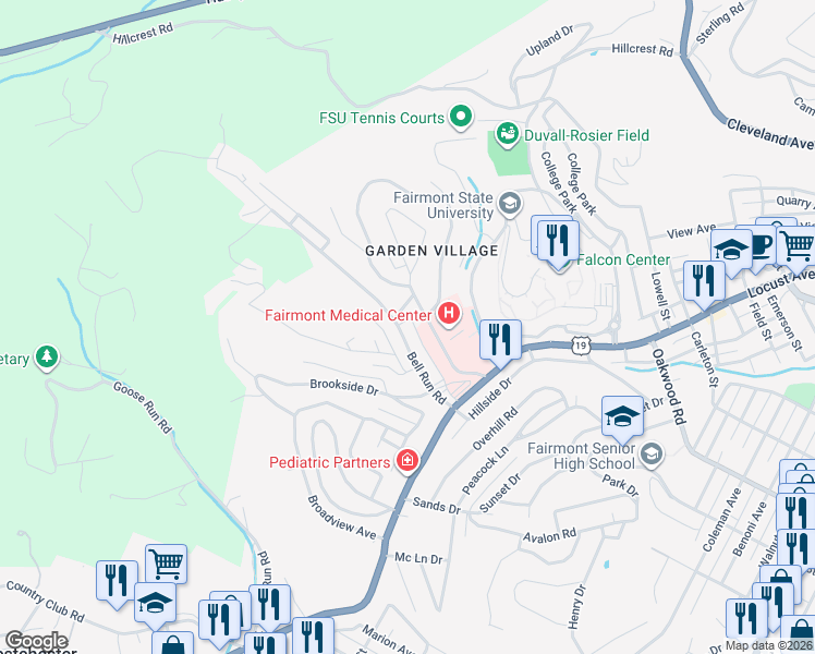 map of restaurants, bars, coffee shops, grocery stores, and more near 100 Cardinal Pl in Fairmont