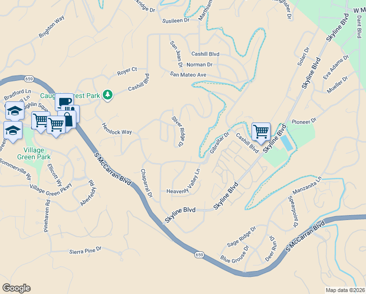 map of restaurants, bars, coffee shops, grocery stores, and more near 2366 Silver Ridge Drive in Reno