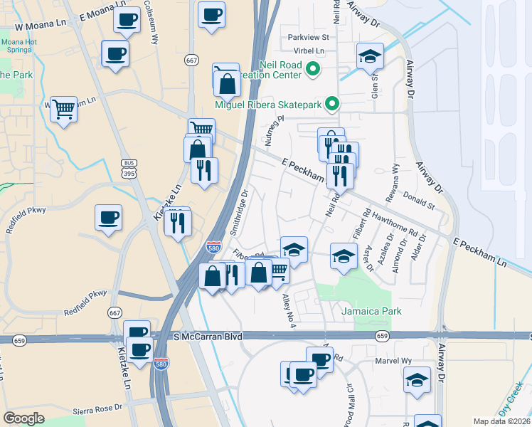 map of restaurants, bars, coffee shops, grocery stores, and more near 184 Smithridge Park in Reno