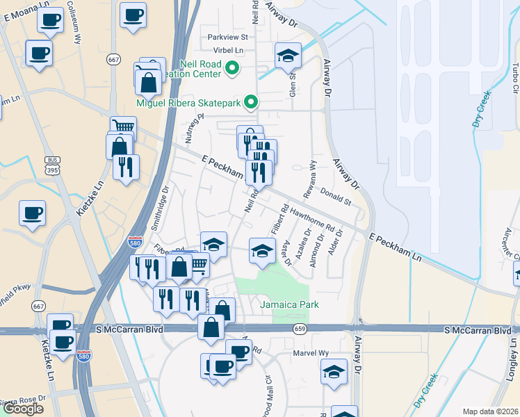 map of restaurants, bars, coffee shops, grocery stores, and more near 1400 East Peckham Lane in Reno
