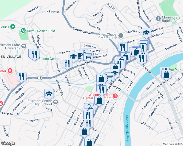 map of restaurants, bars, coffee shops, grocery stores, and more near 4th Street in Fairmont